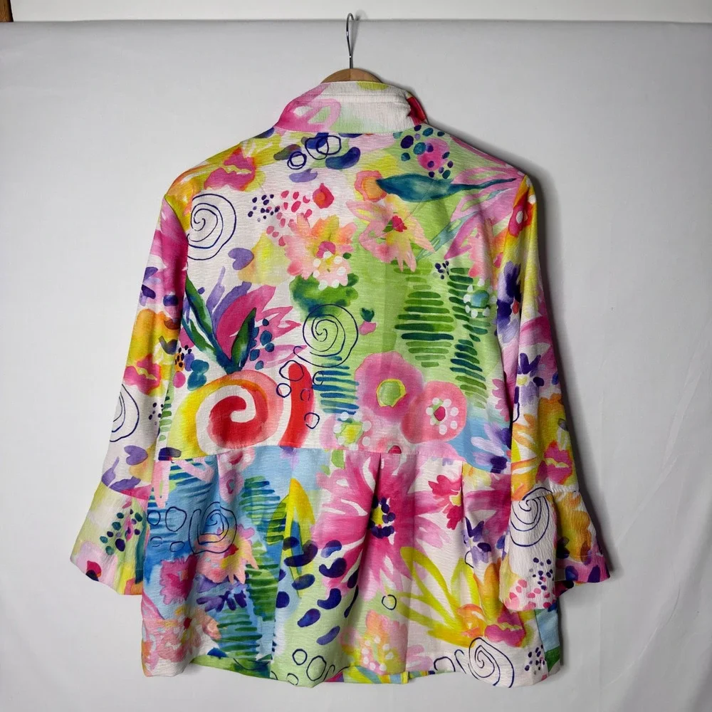 NEW Ali Miles Watercolor Floral Bell Sleeve Jacket Sz L Colorful Lagenlook Artsy